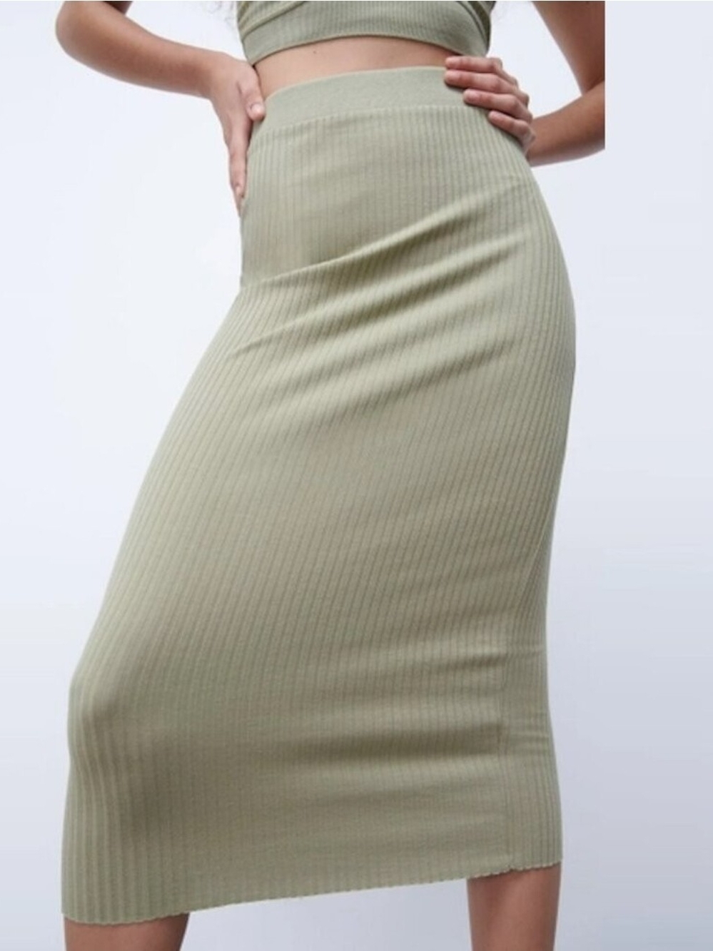 Zara Olive Cotton Ribbed Midi Skirt Size S